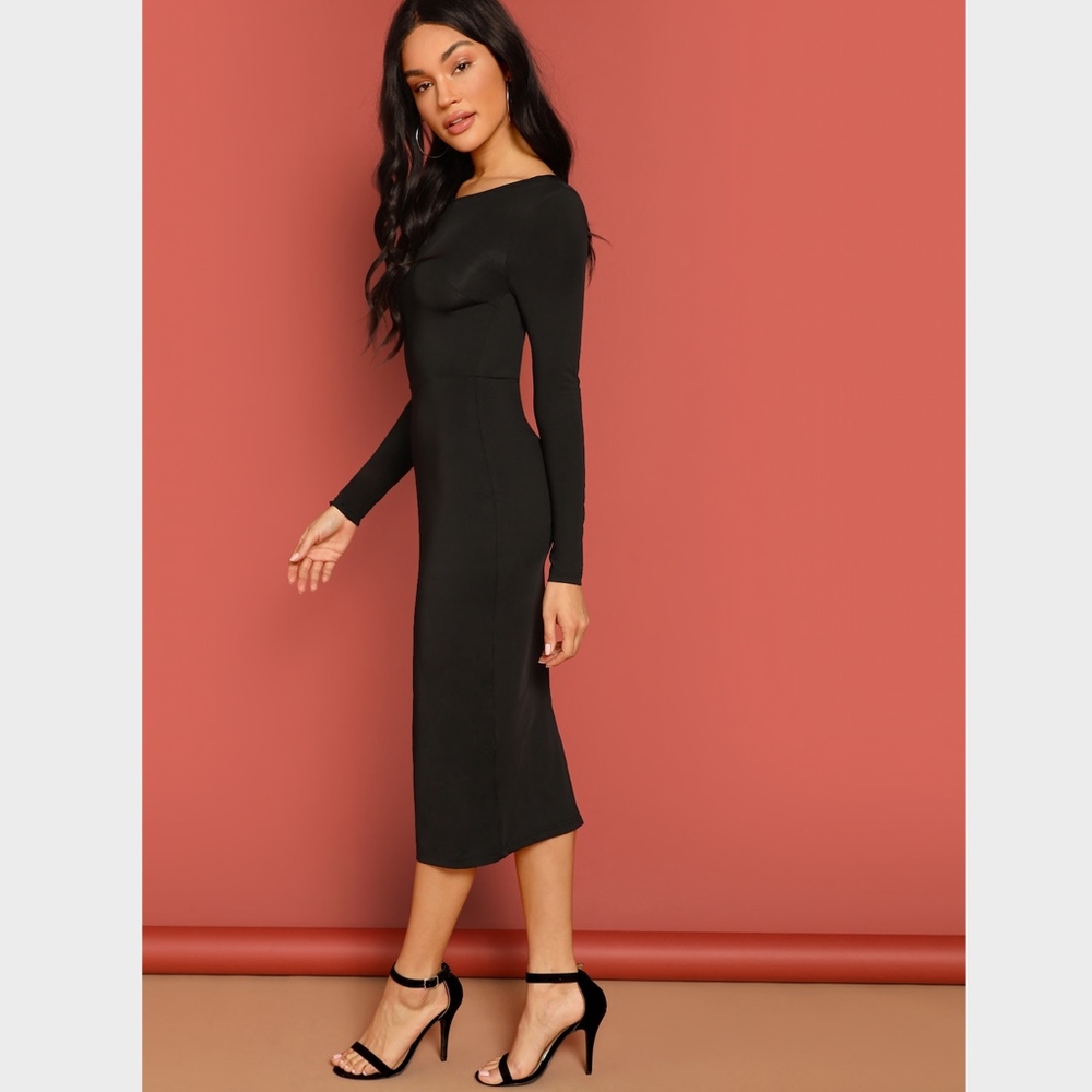 Lace Detail Backless Black Midi Pencil Dress - Picture 3 of 9